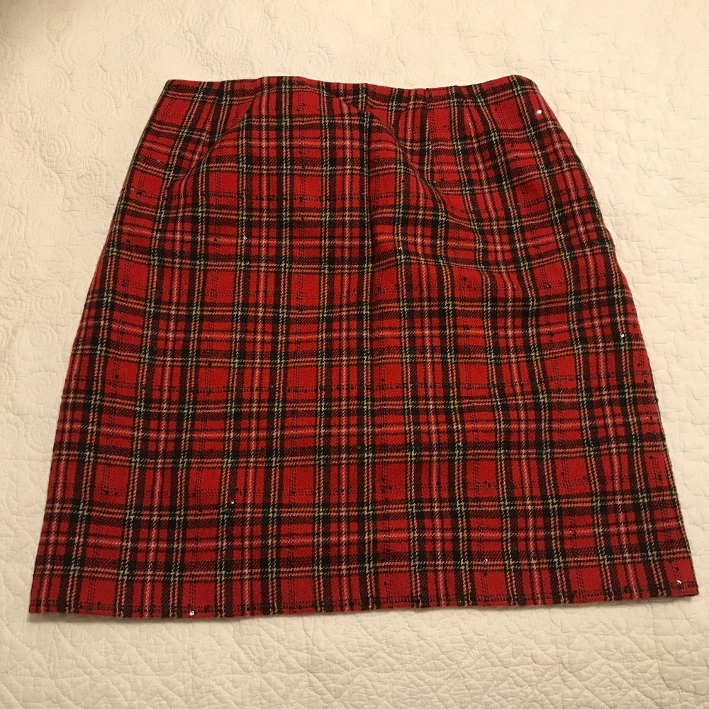 Talbots red & black plaid wool blend fully lined midi skirt with sequins (10) - Picture 2 of 12